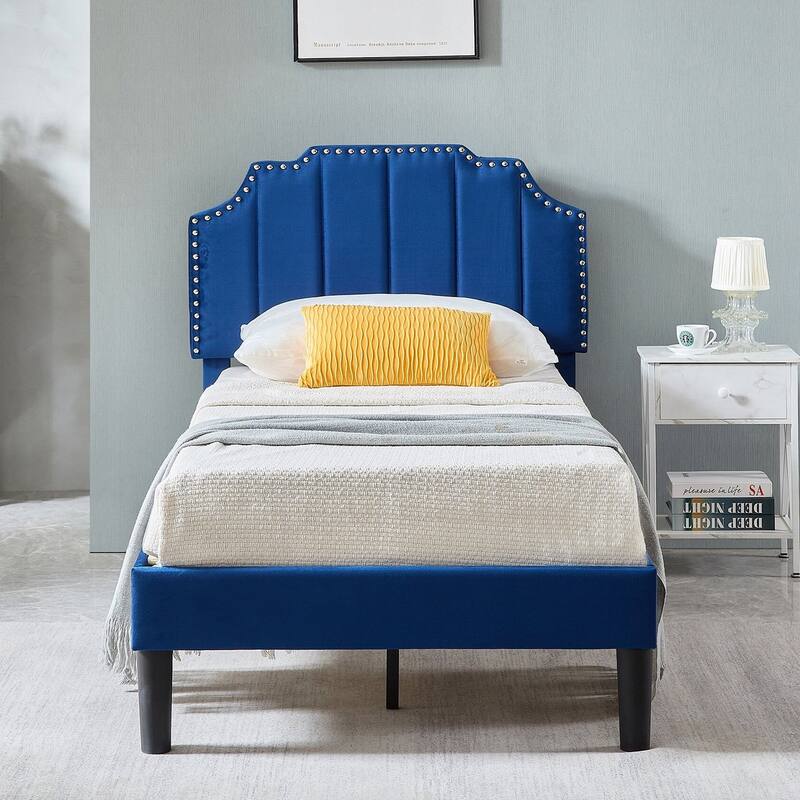 VECELO Upholstered Bed Frame with Nailhead Trim Adjustable Height Headboard, Twin/Full/Queen Size Bedframes - Blue - Twin