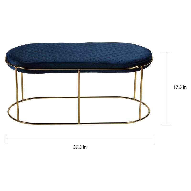 Cortesi Home Ludlow Bench Ottoman in Blue Velvet and Brushed Gold