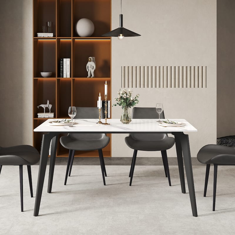 55 Inches Modern White Dining Room Table with Metal Gold Base, Sintered Stone Dining for 4 - N/A