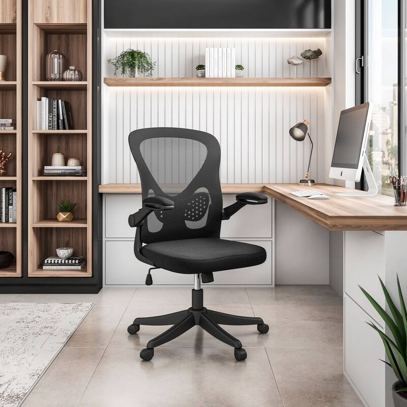 Techni Mobili Black Mesh Office Chair with Lumbar Support and Flip-Up Arms - Black