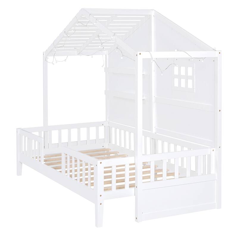 House Bed with Shelves, Window and Sparkling Light Strip on the Roof