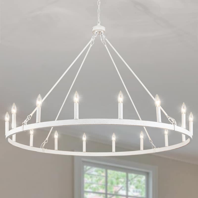 16-Light Farmhouse 47.24In Wagon Wheel Chandelier, Industrial Chandelier for Living Room Kitchen Island Dining Foyer - Distressed White