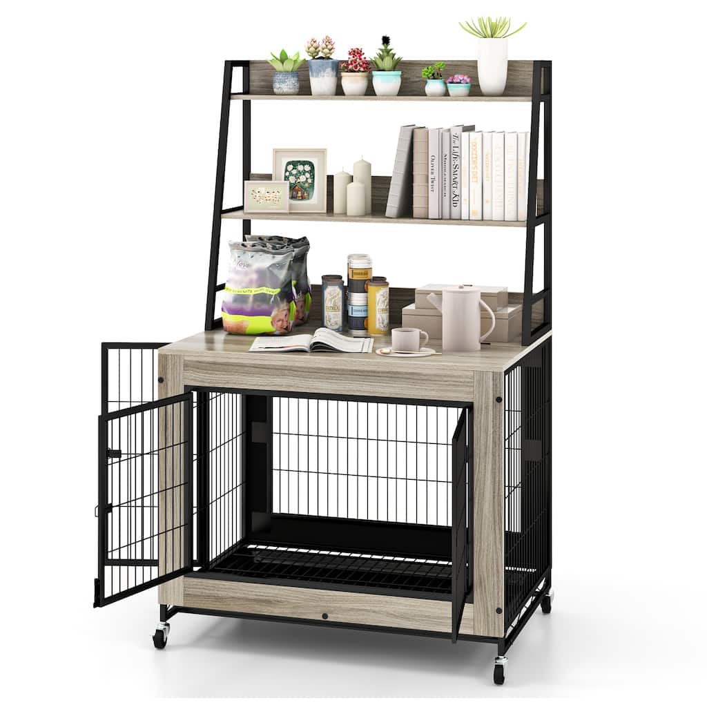 Wooden Dog Crate with Storage Shelves, Tray and Lockable Wheels - 59" x 38" x 25" (L x W x H)