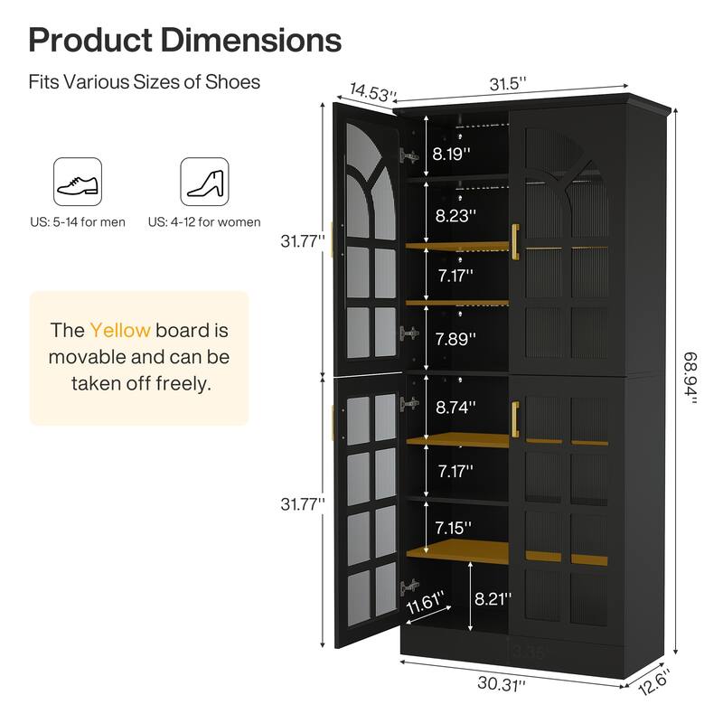 8-Tier Tall Shoe Storage Cabinet with Doors, Led Lights and Adjustable Shelves for Entryway, White