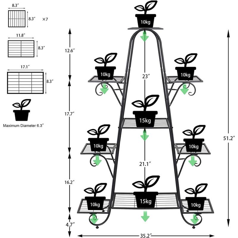9 Tier Metal Plant Stand Heavy Duty Flower Planter Pot Display Rack - W 36.5" x H 51.2" x D 9.72"