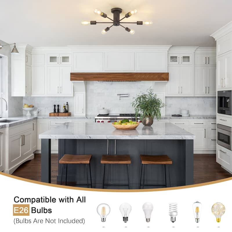 6-Light Modern Industrial Sputnik Semi-Flush Mount Ceiling Light - N/A
