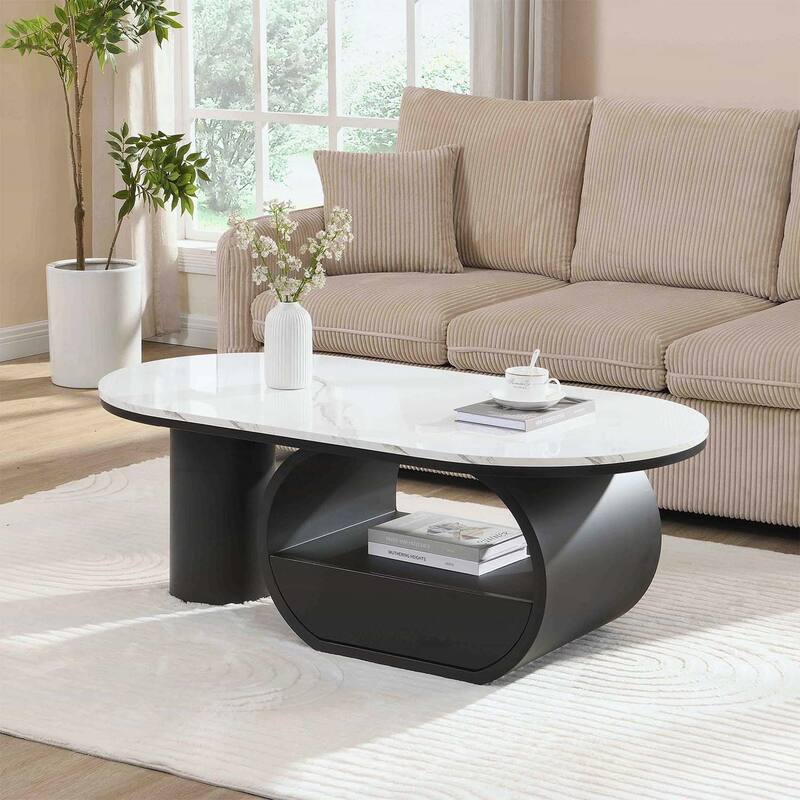 Modern Oval Coffee Table with Storage Drawer,Metal Frame for Living Room Elegance - Black+White