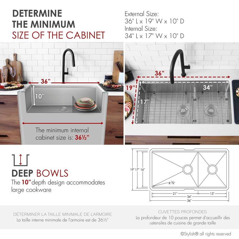 Stylish Versa36 Undermount 36" Double-Bowl Workstation Kitchen Sink - 36"x19"x10"