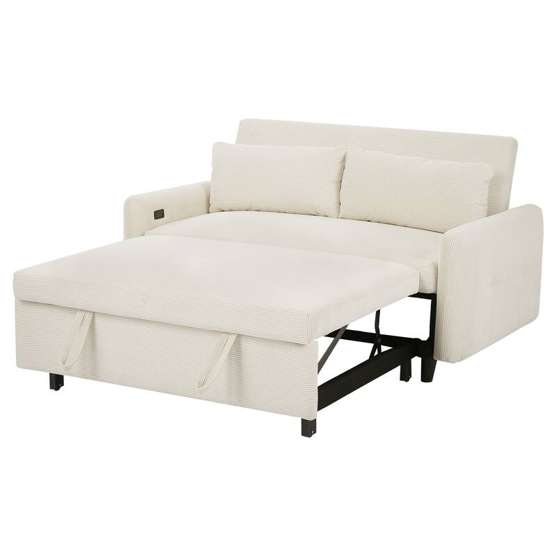 57.48" Corduroy Convertible Sofa Bed with Pull-Out Sleeper, Adjustable Backrest & USB