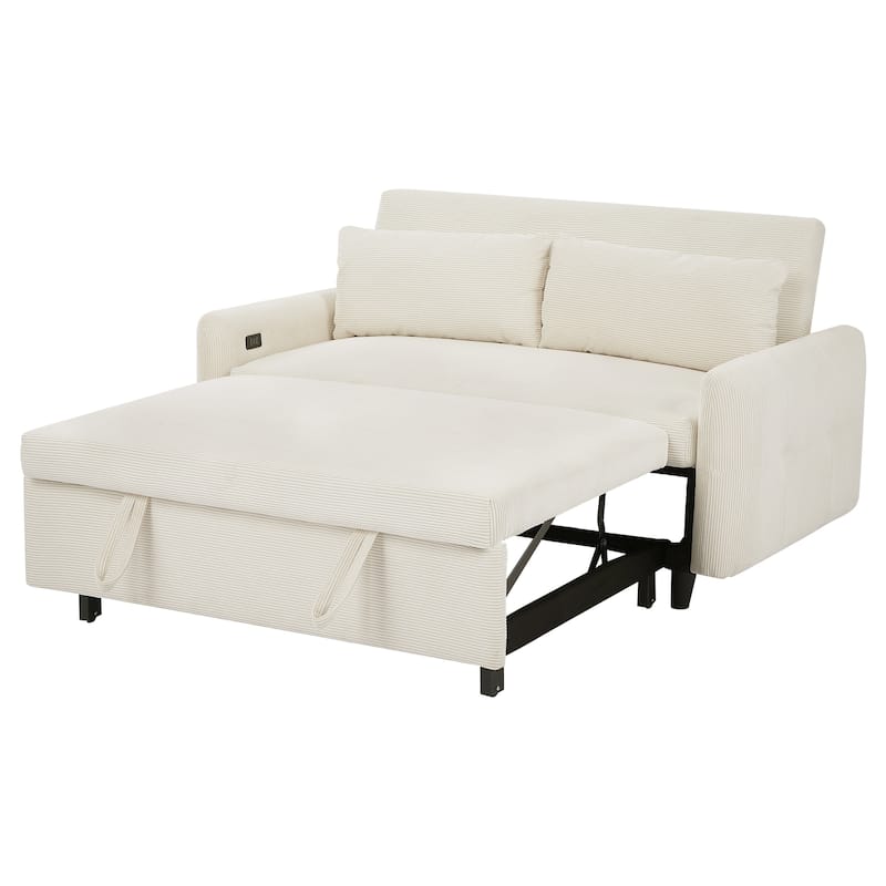 Roomfitters Pull-Out Sofa Bed Convertible 2-Seat Loveseat with Throw Pillows and USB Ports, Modern Sleeper Sofa, Beige