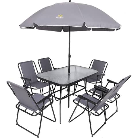 8-Piece Patio Dining Set, Garden Outdoor Table Set with Tilted Removable Umbrella, Glass Table, and 6 Folding Chairs