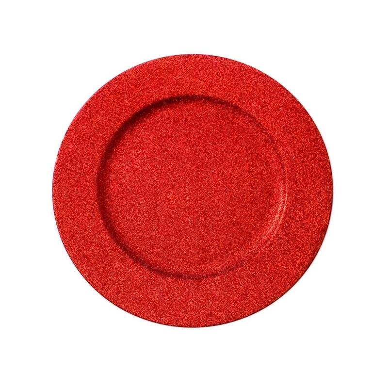 Decorative Glitter Charger Plate, 13" Round Holiday Tabletop Charger Plate - Red