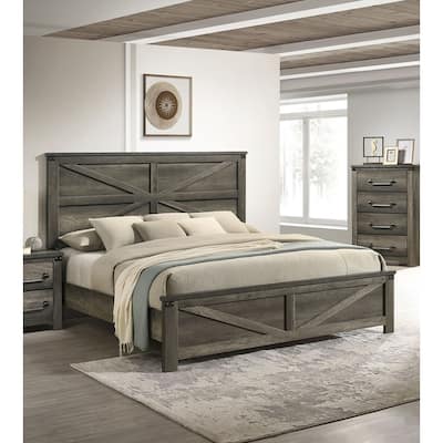Queen Size Wood Platform Bed with Metal Accents and Farmhouse Headboard