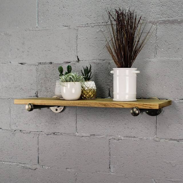 Somerville Farmhouse Industrial Wall Shelf - 30-Inch Wide - Natural Wood with Brushed Brass and Grey Metals