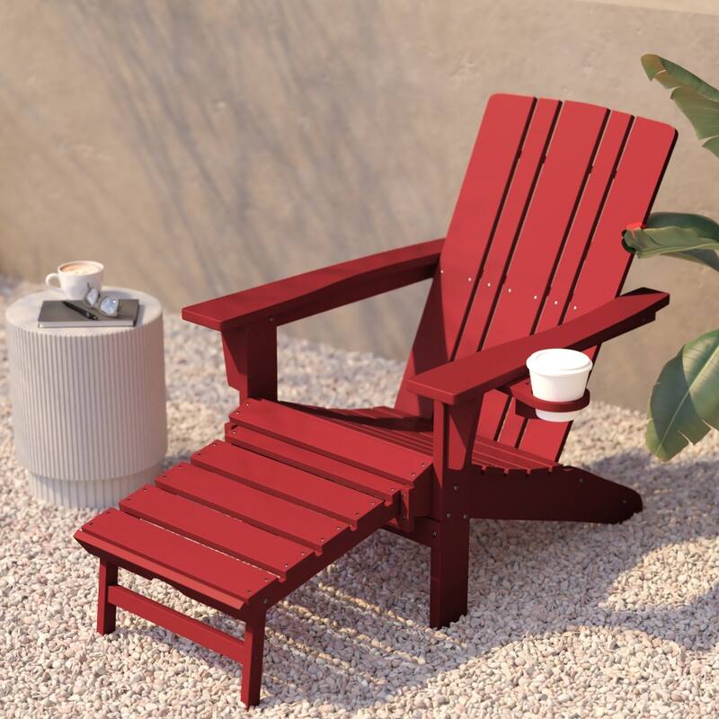 Commercial All-Weather Adirondack Chair with Pullout Ottoman & Cupholder