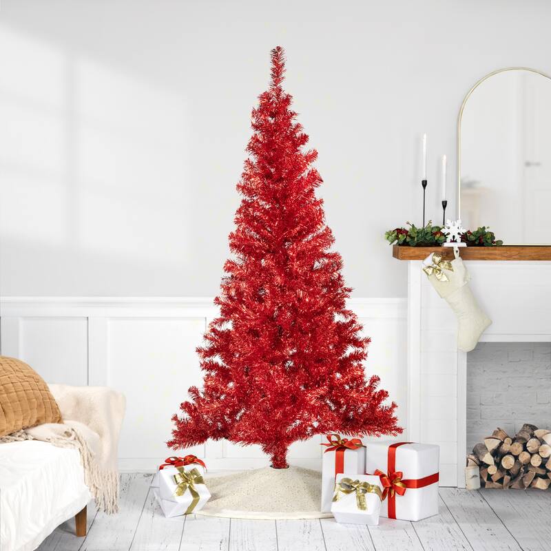 Artificial Tinsel Christmas Tree - 6' - Red - Unlit - 6 Foot