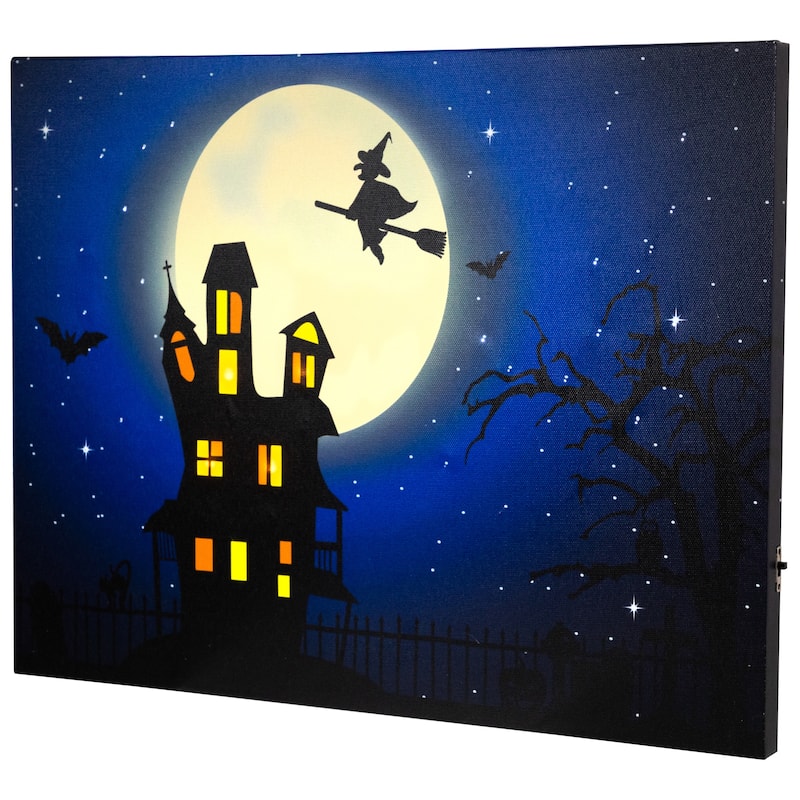 Fiber Optic LED Witch in the Moon Halloween Canvas Art 12" x 15.75"