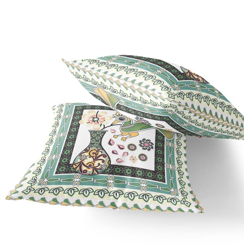 HomeRoots Set of Two 16" X 16" Green and White Peacock Blown Seam Floral Indoor Outdoor Throw Pillow - 16.00' X '16.00' X '5.00