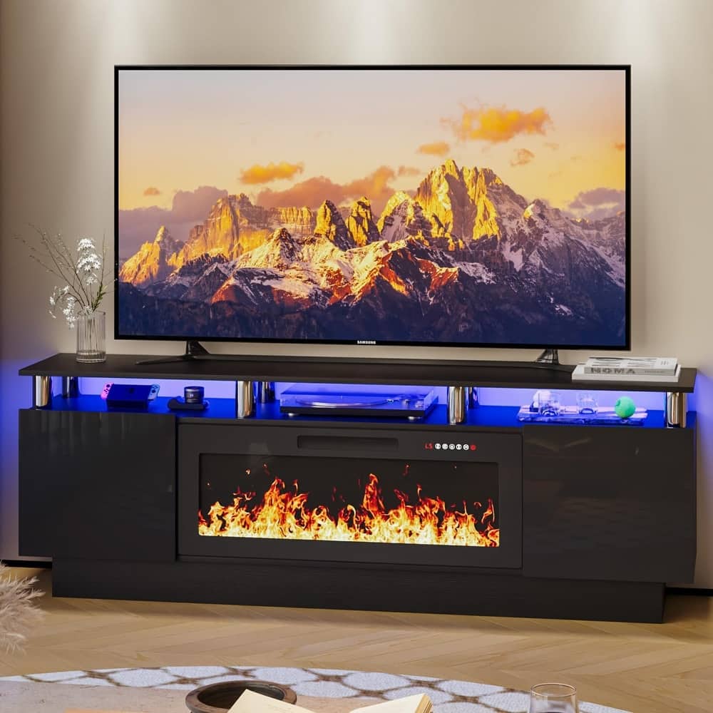BOSSIN 70" Modern Electric Fireplace TV Stand, with Electronic Flame and LED Lights, High Gloss Finish Entertainment Center