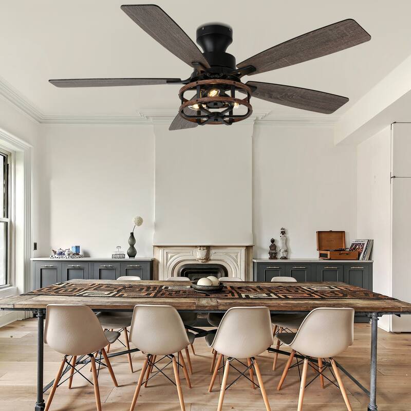 Bella Depot 52" Black Industrial Flush Mount Ceiling Fan with Light and Remote 6-speed Reversible DC Motor Low Profile Fan