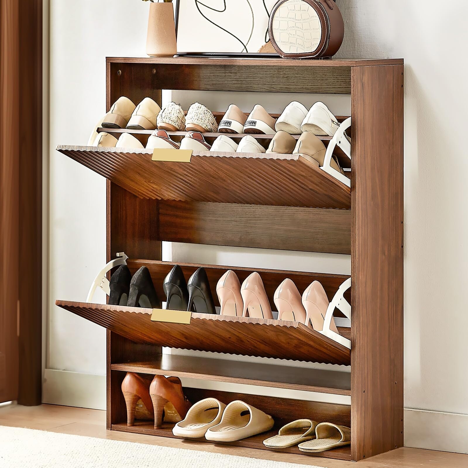 31.5''W Walnut Slim Shoe Cabinet, Fluted Hidden Shoe Storage Cabinet with 2 Flip Drawers