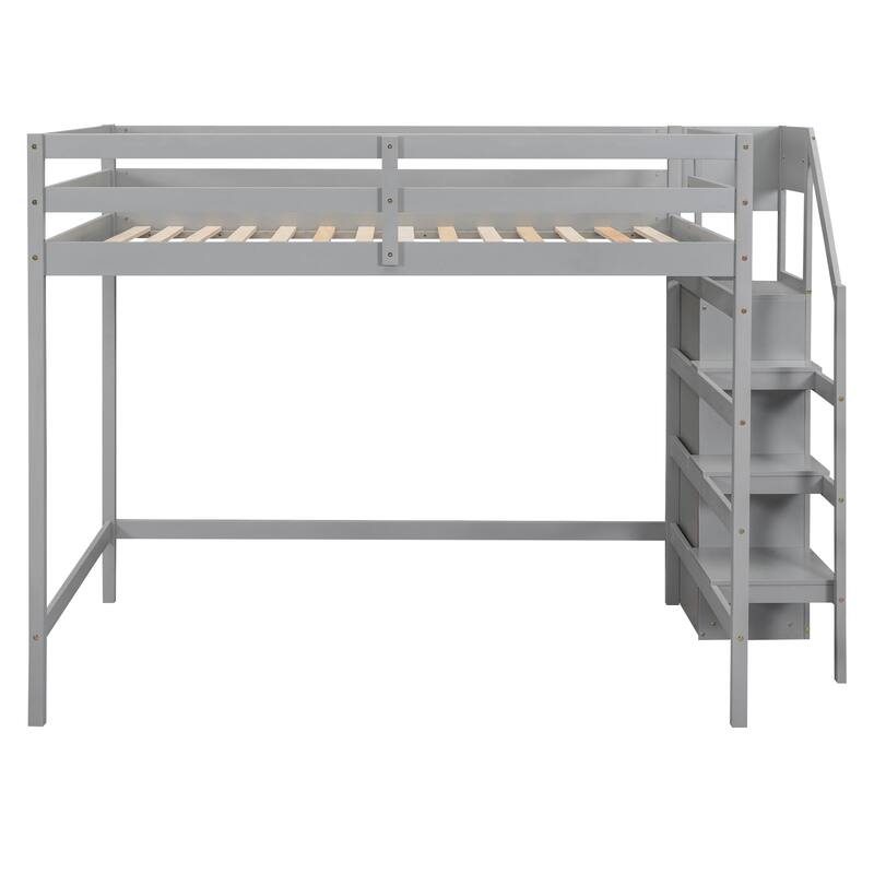 Full Size Pine Loft Bed with Storage Wardrobe & Multi-Functional Staircase (350lb Capacity)