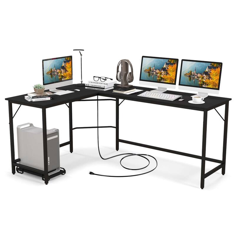 Costway L-shaped Gaming Desk Computer Desk with CPU Stand Power