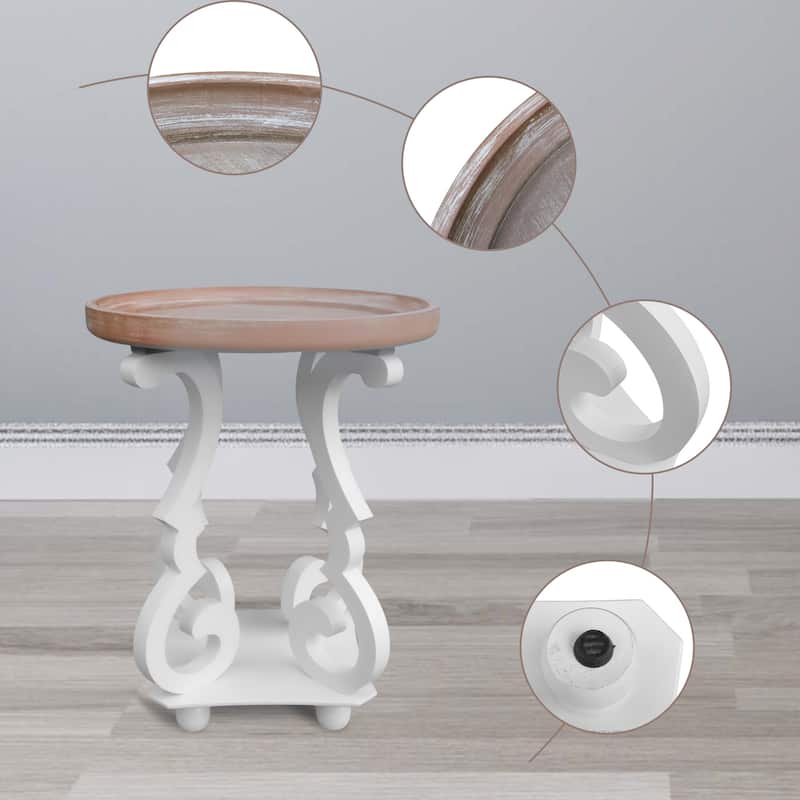 French Country Side Table with Round Tray Top and Curved Legs
