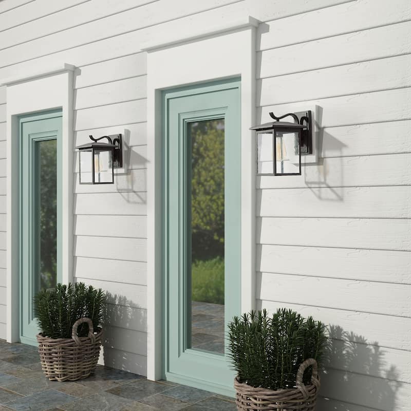 Modern Farmhouse 1-Light Black Outdoor Wall Lantern Sconces with Seeded Glass - W7"x H12.2"x E9"