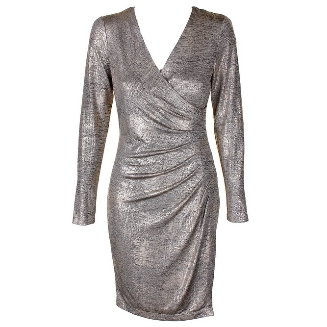long sleeve metallic wrap dress