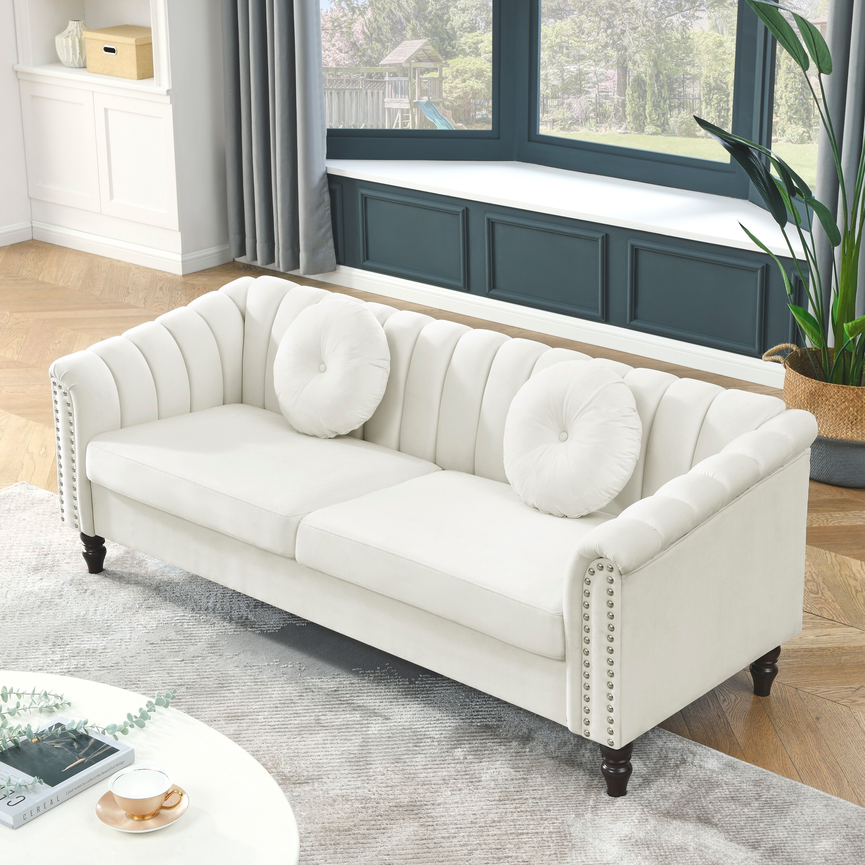 Wood Modern Velvet Upholstered Outdoor Sofa Couch with Beige Cushions, 3 Seat Tufted Back with Nail Arms with 2 Pillows