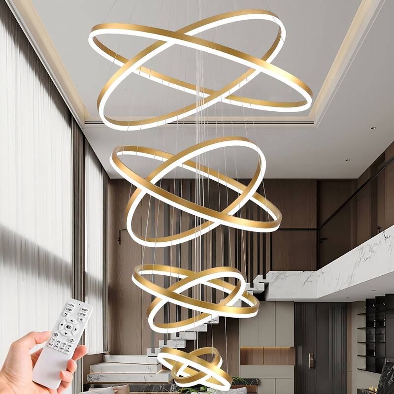 Modern LED Ring Chandelier - Remote Control Dimmable Pendant Lights for High Ceilings, Foyers & Living Rooms - 8 Rings - Gold