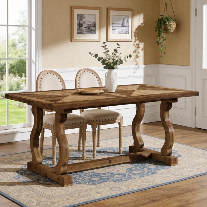 63" Solid Wood Dining Table for 4-6, Diamond Parquetry Top and S-Scroll Legs