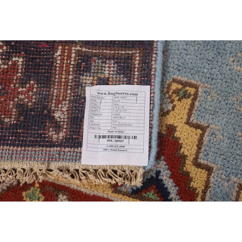 Blue Geometric Kazak Oriental Foyer Rug Handmade Wool Carpet - 4'0"x 5'10"