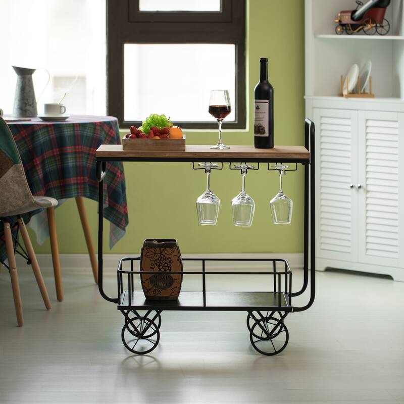 Metal Wine Bar Serving Cart with Rolling Wheels, Wine Rack, and Glass Holder