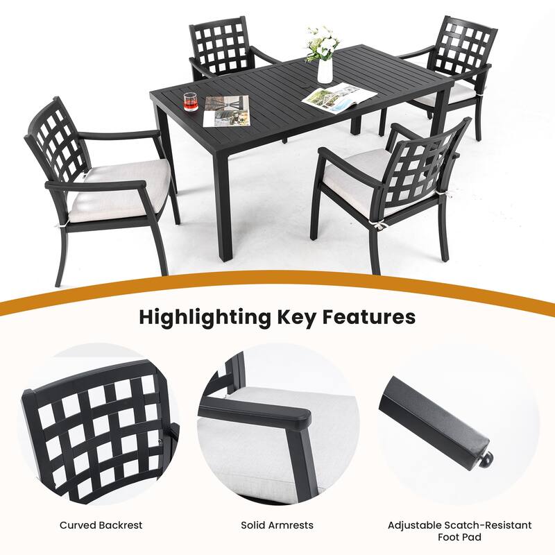 5-Piece Classic Patio Set - Cast Aluminum Table and 4 Stationary Chairs, Textured Ember Black, Sunbrella