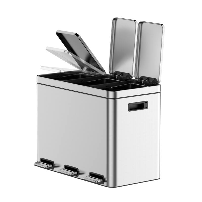 12 Gallons Rectangular Recycling Trash Can with 3 Compartments, Silver