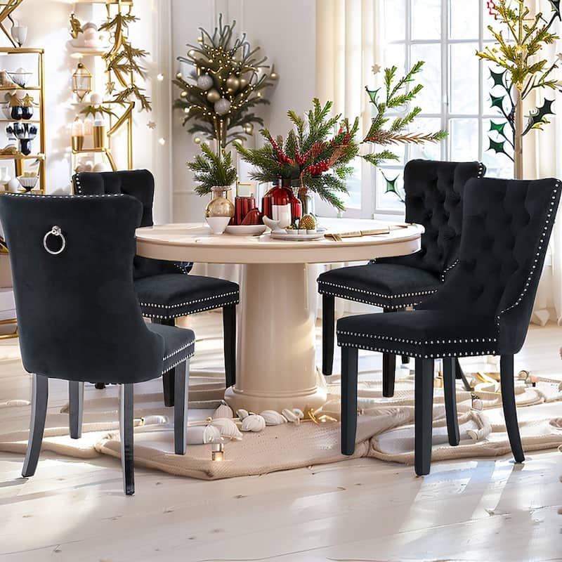 Dining Chairs Set of 4, Luxury Upholstered Velvet Kitchen Chairs Side Chair with Padded Seat Back and Solid Wood Legs - Black