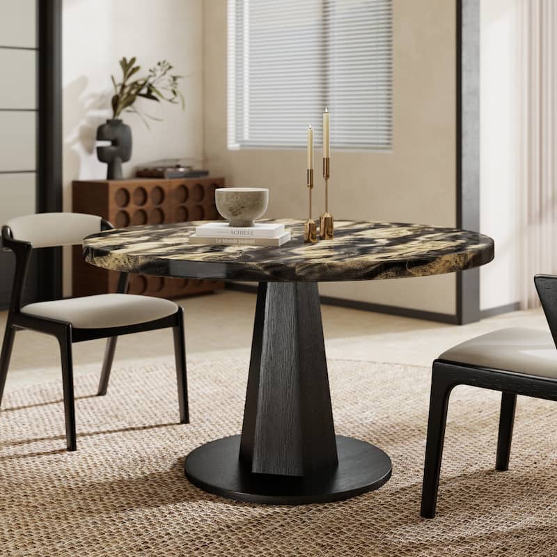 Roundhill Furniture Cavira Modern Faux Marble Dining Table with Wood Pedestal Base - Black