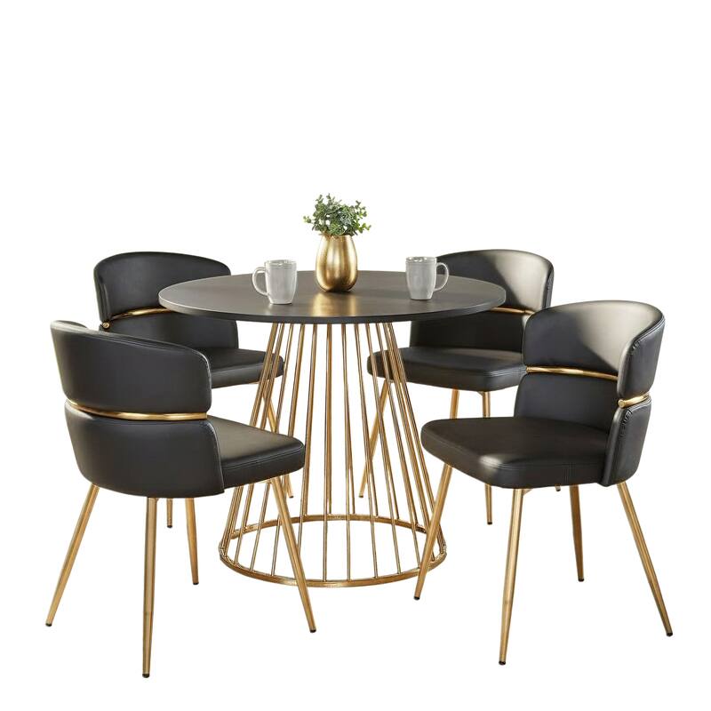 Silver Orchid Canary-Lena Gold 5-Piece Dining Set - Black Faux Leather/Black Wood