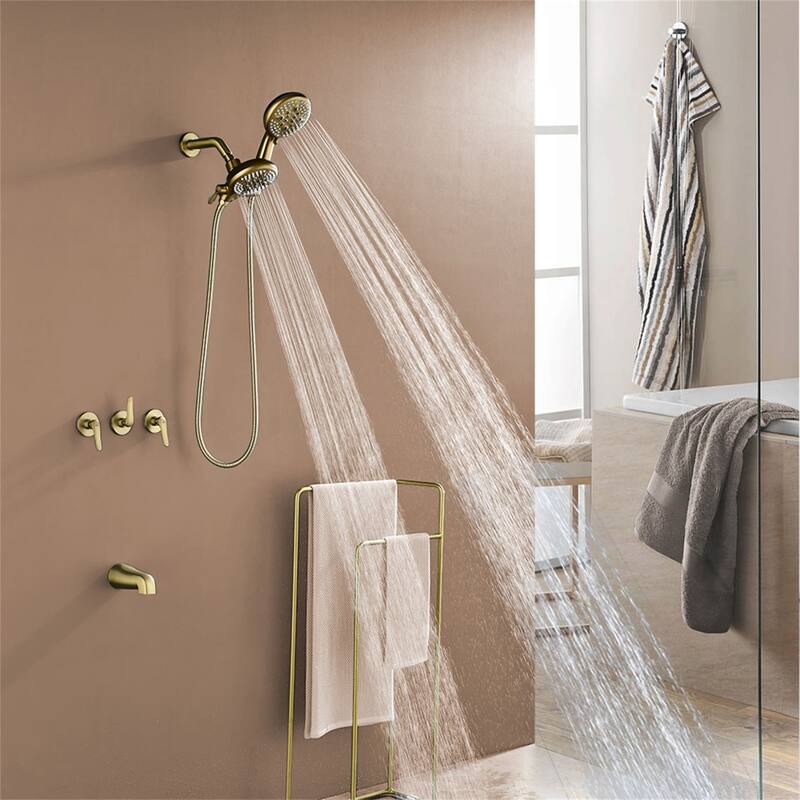 Wall Mounted Shower Faucet with Tub Spout, Complete Brushed Gold Dual Head Tub Shower System Wth Handheld Shower