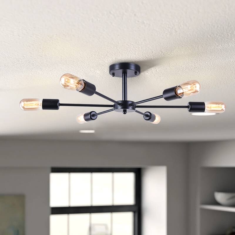 6-Light Modern Industrial Dimmable Sputnik Linear Cluster Semi-Flush Mount Light