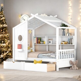 Full Size Wooden House Bed Kids Bed with 2 Drawers and Storage Shelf