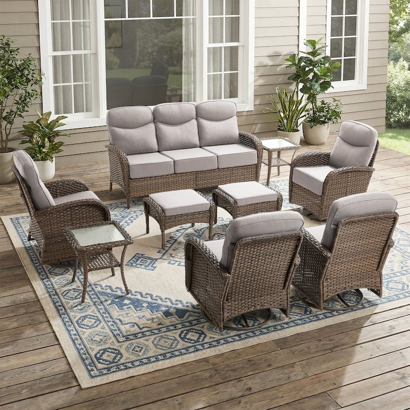 Pocassy Outdoor Sofa Swivel Chair and Ottman with Fire Pit Table - Brown Wicker Beige Cushion - 9-Piece Sofa Swivel Chiar with Ottoman