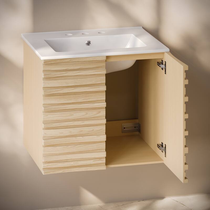 Cascade 24" Wall-Mounted Bathroom Vanity In Natural Oak With 3-Hole Widespread Sink Top - 24