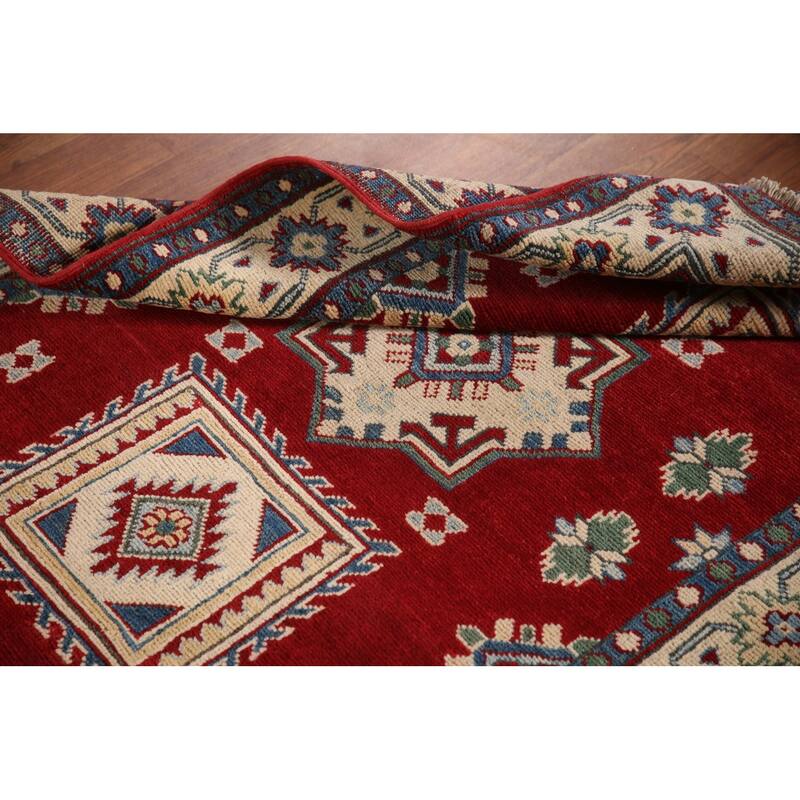Geometric Red Kazak Oriental Accent Rug Handmade Wool Carpet - 3'3"x 4'6"
