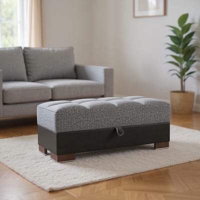 HomeRoots 52" Gray Blue Brown and Gray Chenille And Faux Leather Storage Ottoman