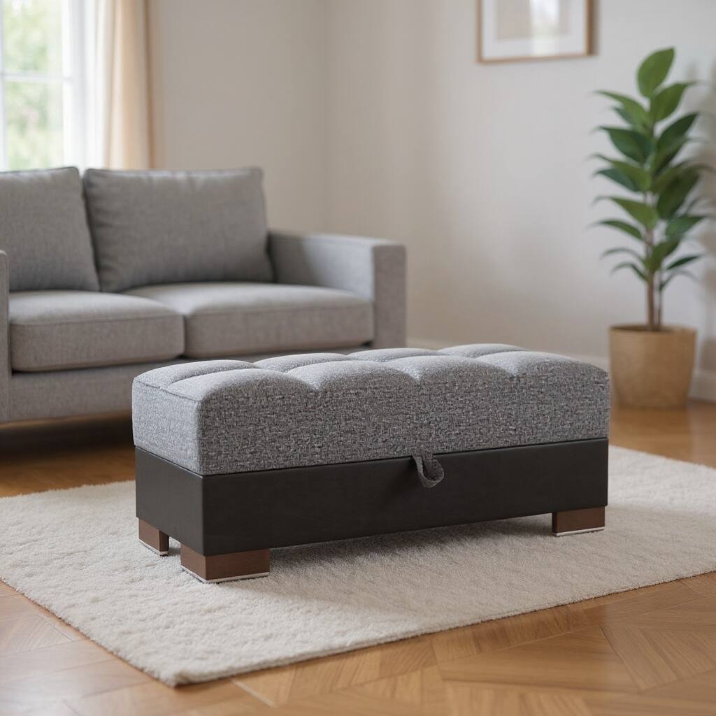 HomeRoots 52" Gray Blue Brown and Gray Chenille And Faux Leather Storage Ottoman