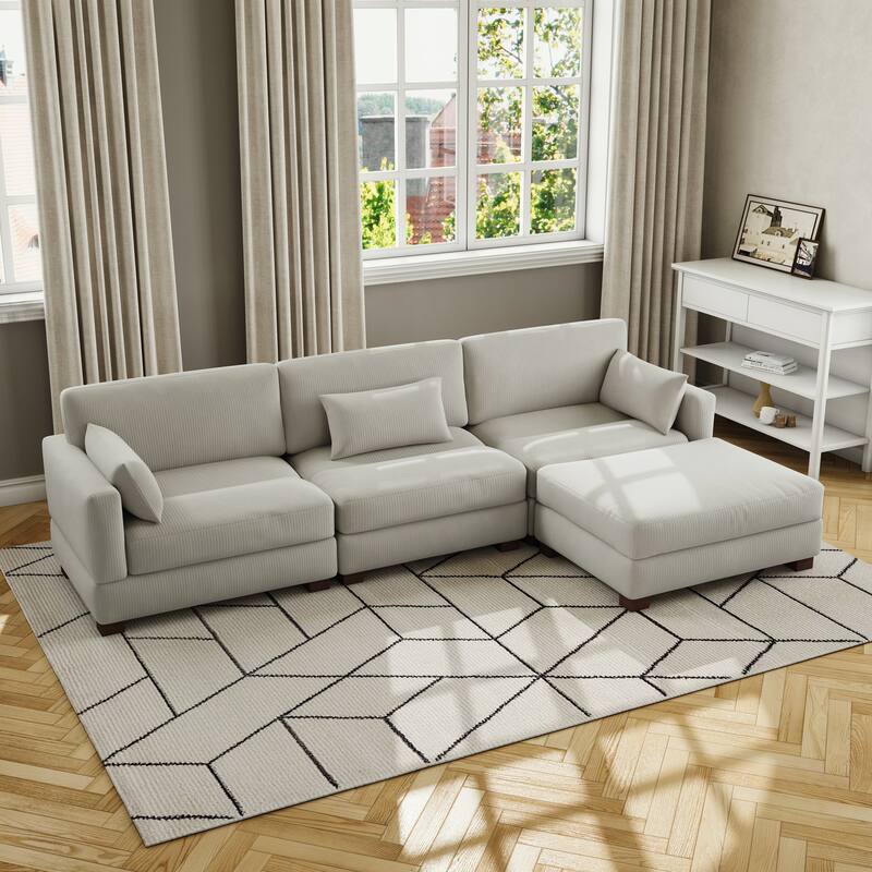 Corduroy Modular Sectional Sofa with Ottoman and Pillows