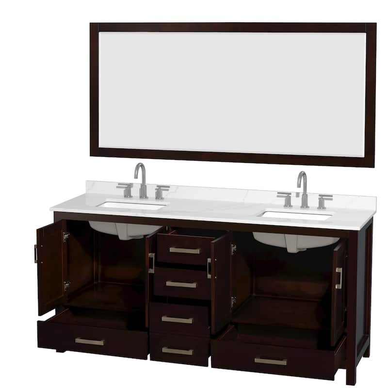 Sheffield 72-inch Double Vanity, 3 Hole Quartz Top, 70-inch Mirror